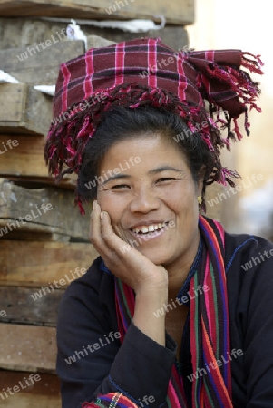 a women at the Market at the Village of Phaung Daw Oo at the Inle Lake in the Shan State in the east of Myanmar in Southeastasia.
