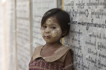 a girl with the thanaka cosmetic at the Mahagandayon Monastery in Amarapura near the City of Mandalay in Myanmar in Southeastasia.