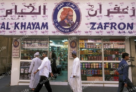 a zafron shop the souq or Market in the old town in the city of Dubai in the Arab Emirates in the Gulf of Arabia.