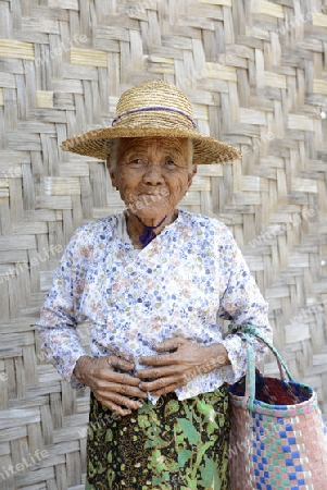 a old farmer women in the town of Nyaungshwe at the Inle Lake in the Shan State in the east of Myanmar in Southeastasia.