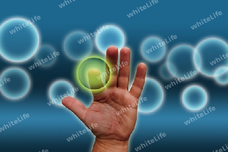 Green hand on a blue background pressing magic bubble - Gr?ne Hand auf blauem Hintergrund dr?ckt magische Blase