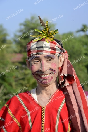 a Clown in traditional dresses at a shinpyu ceremony in a village neat the city of Myeik in the south in Myanmar in Southeastasia.