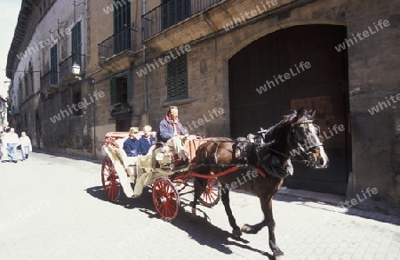 Eine Pferdekutsche mit Besuchern bei der Palca de la Reina in der Altstadt von Palma de Mallorca der Hauptstadt der Insel Mallorca einer der Balearen Inseln im Mittelmeer. 