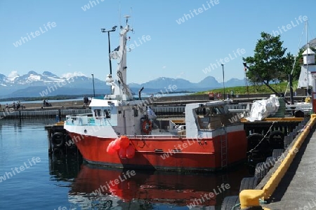 Fischerboot am Fjord, Norwegen