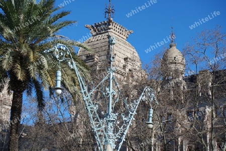 Palast, Laterne und Palme in Barcelona