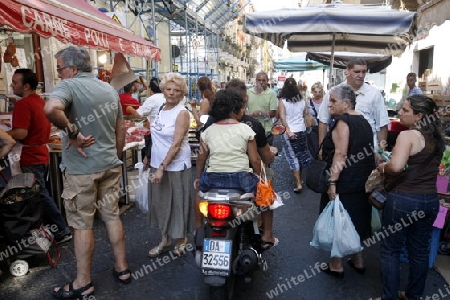 the fegetable and food Market in the old Town of Catania in Sicily in south Italy in Europe.