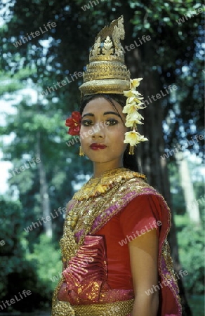 a khmer apsara Dance women at the angkor wat temple in Angkor at the town of siem riep in cambodia in southeastasia. 