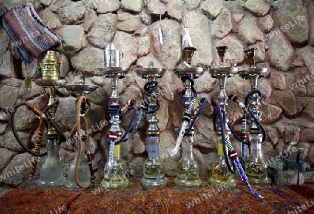 Waterpipe in a cafe shop in the Village of Wadi Musa near the Temple city of Petra in Jordan in the middle east.