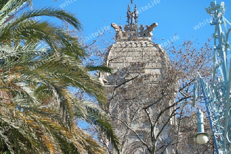 Palast, Laterne und Palme in Barcelona