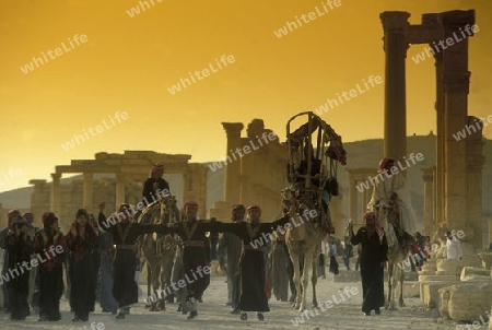 Ein traditionelles Hochzeitsfest in den Ruinen von Palmyra in der Wueste Faydat in Syrien im Mittleren Osten in Arabien.