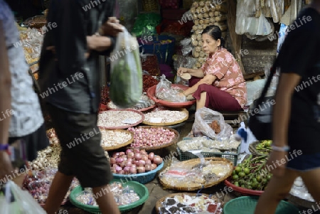 the food market at the Maeklong Railway Markt at the Maeklong railway station  near the city of Bangkok in Thailand in Suedostasien.