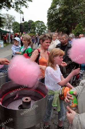 Menschen bei einem Zuckerwatten Stand bei einem Fest im Zentrum von Poznan im westen von Polen.