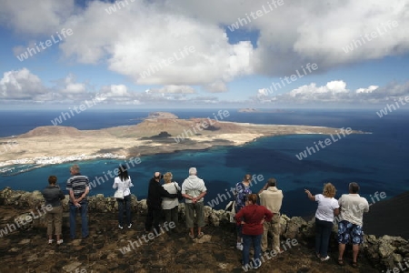 the Mirador del Rio viewpoint on the Island of Lanzarote on the Canary Islands of Spain in the Atlantic Ocean. on the Island of Lanzarote on the Canary Islands of Spain in the Atlantic Ocean.
