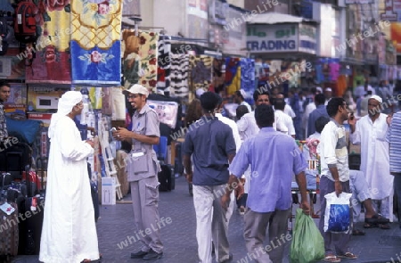 a shopping street in the souq or Market in the old town in the city of Dubai in the Arab Emirates in the Gulf of Arabia.