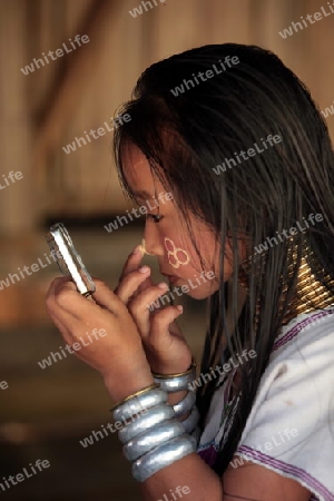 Eine Traditionell gekleidete Langhals Frau eines Paudang Stammes aus Burma lebt in einem Dorf noerdlich von Chiang Mai in Nord Thailand. 