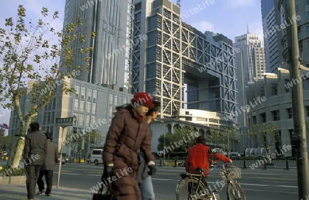 the stock market in the skyline of Pudong in the City of Shanghai in china in east asia. 
