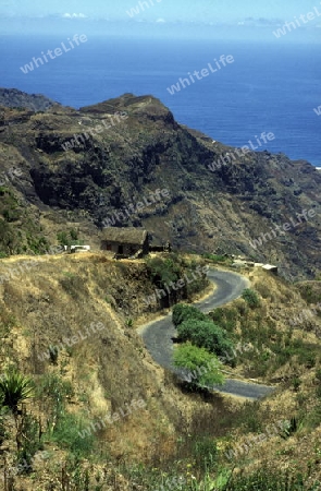 the Mountairoad near the town of Ribeira Grande on the Island of Santo Antao in Cape Berde in the Atlantic Ocean in Africa.