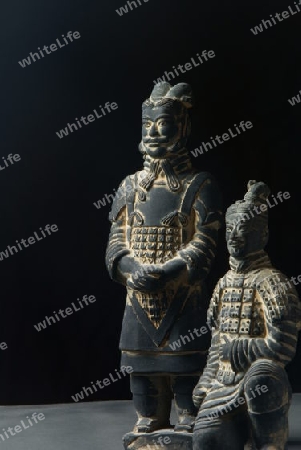 Zwei chinesische Terracotta Krieger, nach links schauend und von links beleuchtet, im Hochformat.