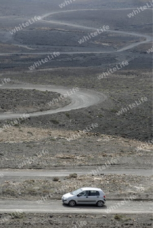 The Road in the Jandia Natural Parc on the south of the Island Fuerteventura on the Canary island of Spain in the Atlantic Ocean.