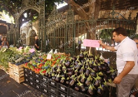 the fegetable and food Market in the old Town of Catania in Sicily in south Italy in Europe.