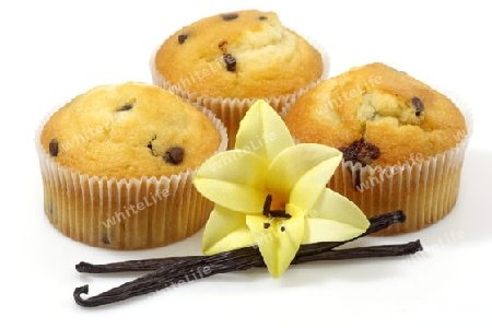 Muffins mit Vanilleschoten auf hellem Hintergrund