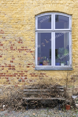 Fenster und Bank an historischer Fassade in der Altstadt von Stralsund , Unesco Weltkulturerbe, Mecklenburg Vorpommern, Deutschland, Europa , oeffentlicher Grund