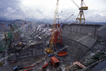 the constructions work at the three gorges dam project on the yangzi river in the province of hubei in china.