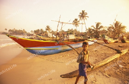 Asien, Indischer Ozean, Sri Lanka,
Ein traditionelles Fischerboot mit Fischern beim Kuestendorf Hikkaduwa an der Westkueste von Sri Lanka. (URS FLUEELER)






