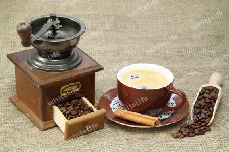 Kaffeem?hle mit Kaffeetasse auf braunem Hintergrund