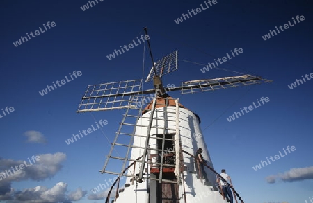 traditional windmill on the Island of Lanzarote on the Canary Islands of Spain in the Atlantic Ocean. on the Island of Lanzarote on the Canary Islands of Spain in the Atlantic Ocean.