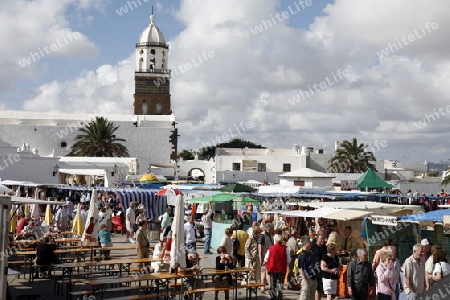 the sunday market in the old town of Teguise on the Island of Lanzarote on the Canary Islands of Spain in the Atlantic Ocean. on the Island of Lanzarote on the Canary Islands of Spain in the Atlantic Ocean.
