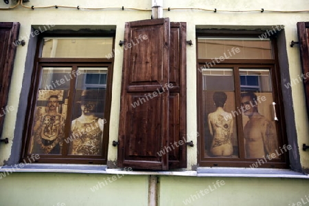 A tatoo Shop in the old Town of the City Vilnius  in the Baltic State of Lithuania,  