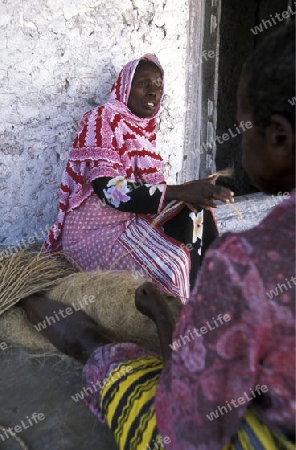 Frauen arbeiten vor ihrem Haus um aus Kokosnuss Rinde Schnur herzustellen an der Ostkuester der Insel Zanzibar oestlich von Tansania im Indischen Ozean.