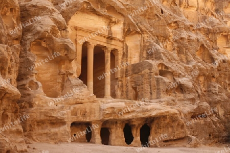The Treasury of the little Petra in the Temple city of Petra in Jordan in the middle east.