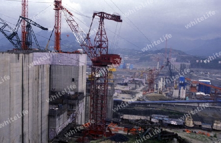 the constructions work at the three gorges dam project on the yangzi river in the province of hubei in china.
