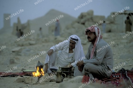 people in the desert at the Roman Ruins of Palmyra in Palmyra in the east of Syria.