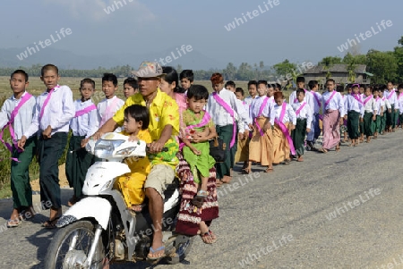 Young Boys on the way to gething Monks in traditional dresses at a shinpyu ceremony in a village neat the city of Myeik in the south in Myanmar in Southeastasia.