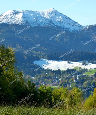 Blick in schneebedeckte Berge und Herbstwald
