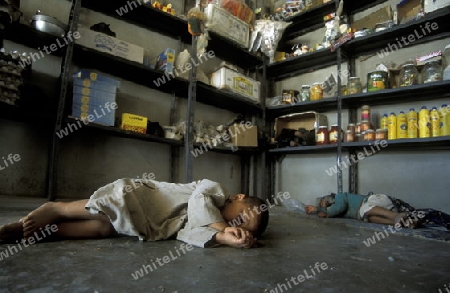 Kinder beim schlafen in einem Laden in Aleppo im Norden von Syrien im Mittleren Osten in Arabien.
