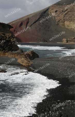 the Landscape of El Golfo on the Island of Lanzarote on the Canary Islands of Spain in the Atlantic Ocean. on the Island of Lanzarote on the Canary Islands of Spain in the Atlantic Ocean.
