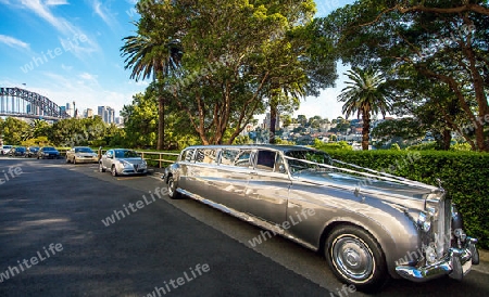 Luxury car in Sydney overlooking the Harbor Bridge