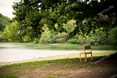 Verlassener Stuhl am Ufer eines See's