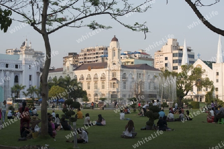The Maha Bandoola Park with the AYA Bank in the City of Yangon in Myanmar in Southeastasia.