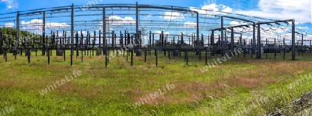 Electrical Transformer. Distribution of electric energy at a big substation with lots power lines