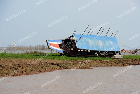 A Boat on the Lake Village Kompong Pluk at the Lake Tonle Sap near the City of Siem Riep in the west of Cambodia.