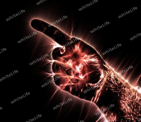 3D-Illustration of a glowing human male hand with a kirlian aura showing different symbols.