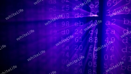 Colorful digital data digits and streaming source code background with light beams.