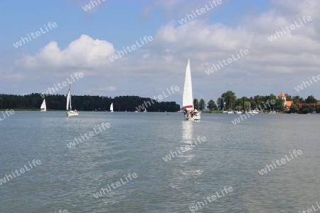 Segelboote auf dem Boczne See. Masurische Seenplatte