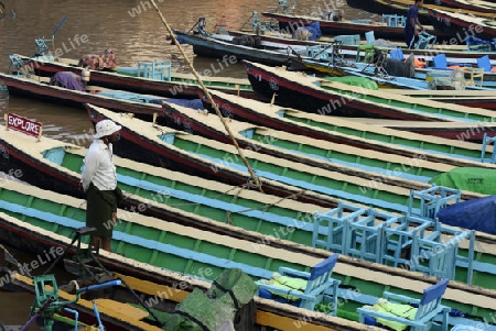 the Boat landing Pier at the Nan Chaung Main Canal in the city of Nyaungshwe at the Inle Lake in the Shan State in the east of Myanmar in Southeastasia.