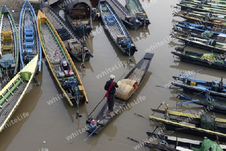 the Boat landing Pier at the Nan Chaung Main Canal in the city of Nyaungshwe at the Inle Lake in the Shan State in the east of Myanmar in Southeastasia.